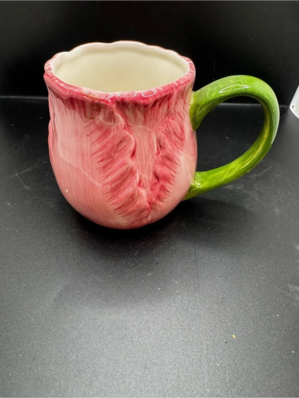 Pink Tulip-Shaped Ceramic Mug with Green Handle